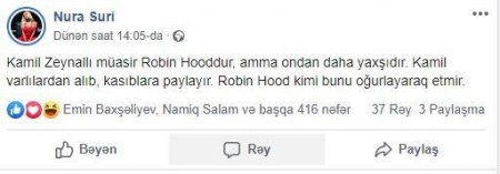 Nura Kamil Zeynallını Robin Quda bənzətdi