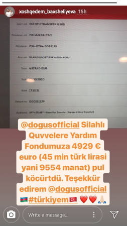 Türkiyəli müğənni ordumuza 45 min ianə etdi Türkiyəli müğənni ordumuza 45 min ianə etdi