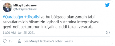 Nazir Qarabağın dirçəlişinin qeyri-neft sektoruna təsirindən yazdı - FOTO