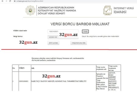 Sabunçu Rayon İcra Hakimiyyətinin strukturundakı müəssisənin külli miqdarda vergi borcu üzə çıxdı - Yarımmilyon manatlıq