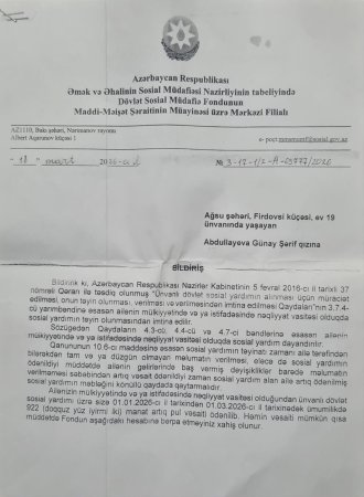 Ağsuda sosial yardım qalmaqalı: vətəndaş müraciəti, yazılı “zəmanət” və sonradan geri tələb olunan 922 manat